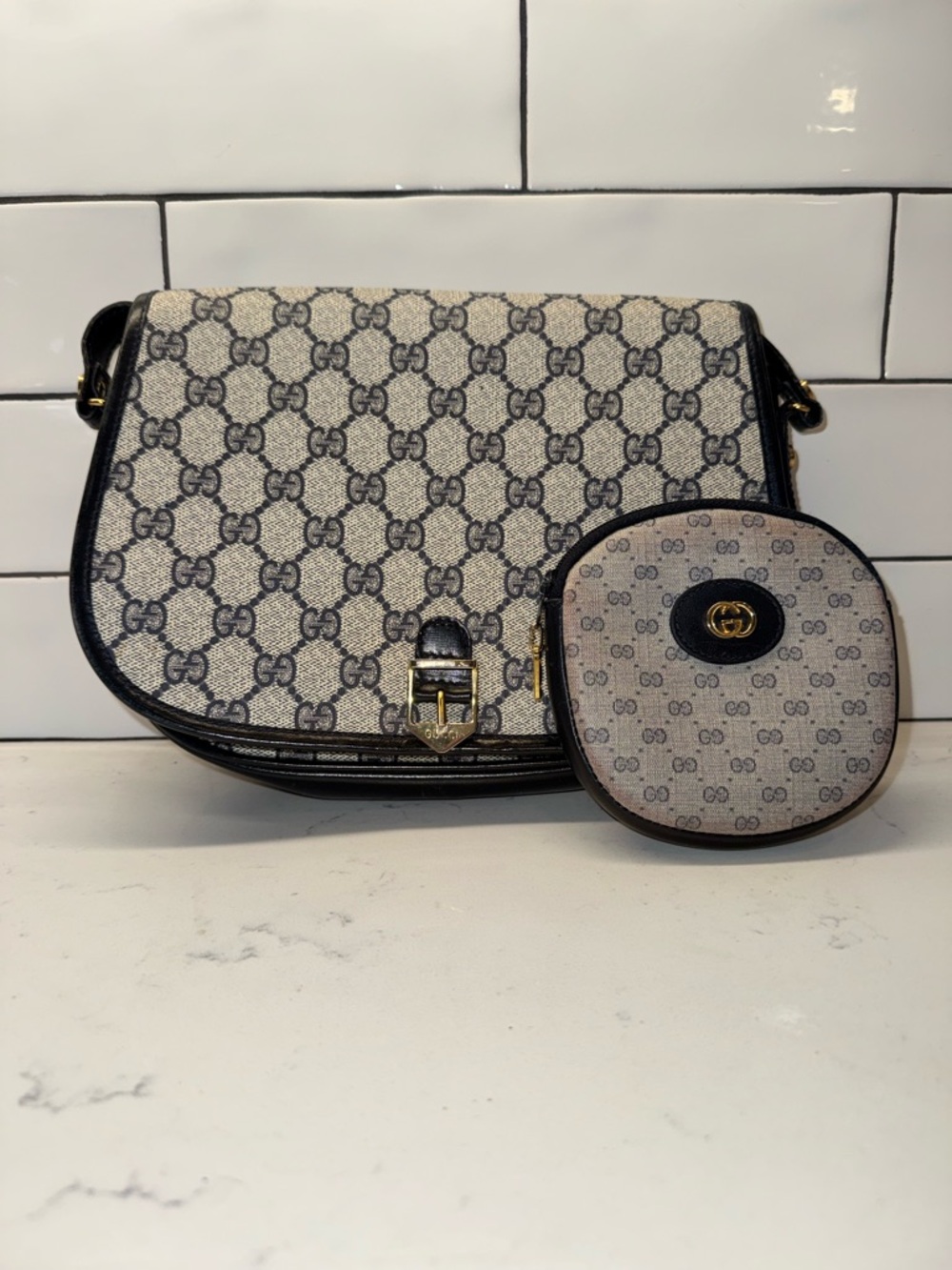 Vintage Gucci GG Supreme Crossbody Bag with Matching Pouch Leather Trim